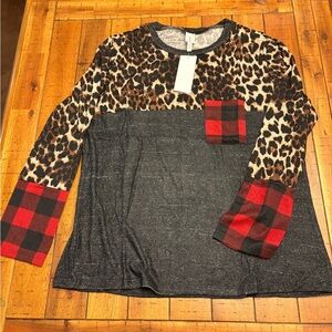 Leopard and Plaid Long Sleeve Shirt